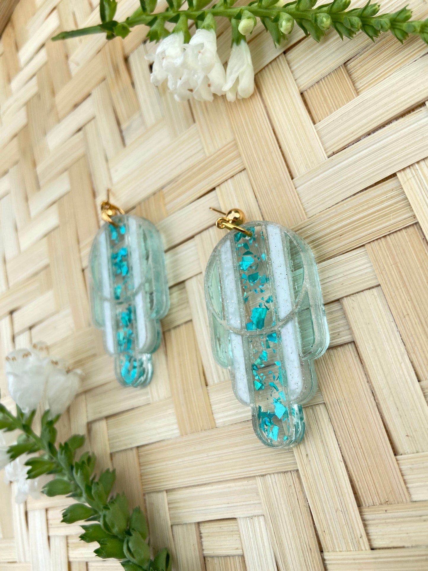 Stained Glass Deco Arches Earrings in Teal Flake | Light Frames