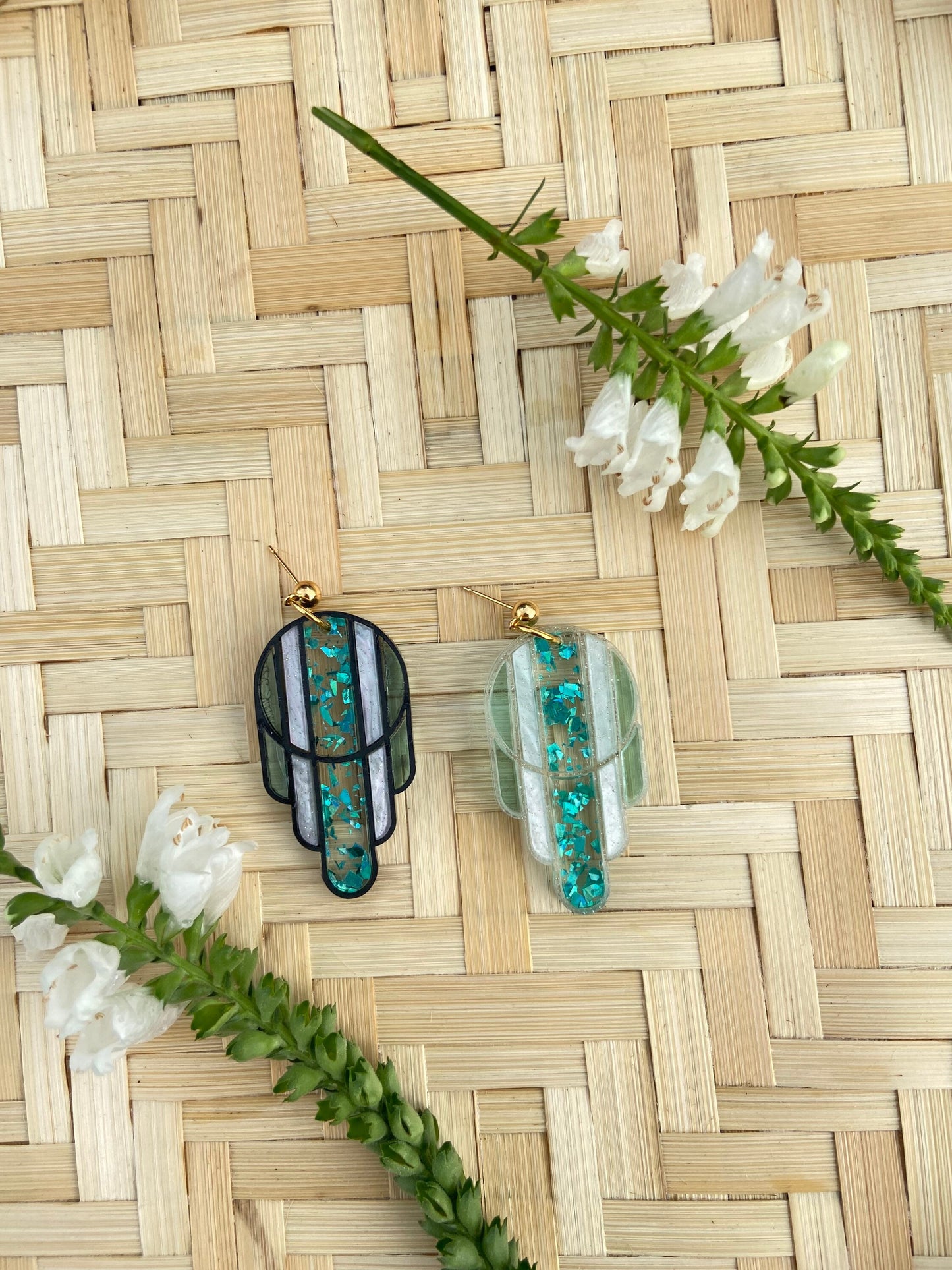 Stained Glass Deco Arches Earrings in Teal Flake | Light Frames