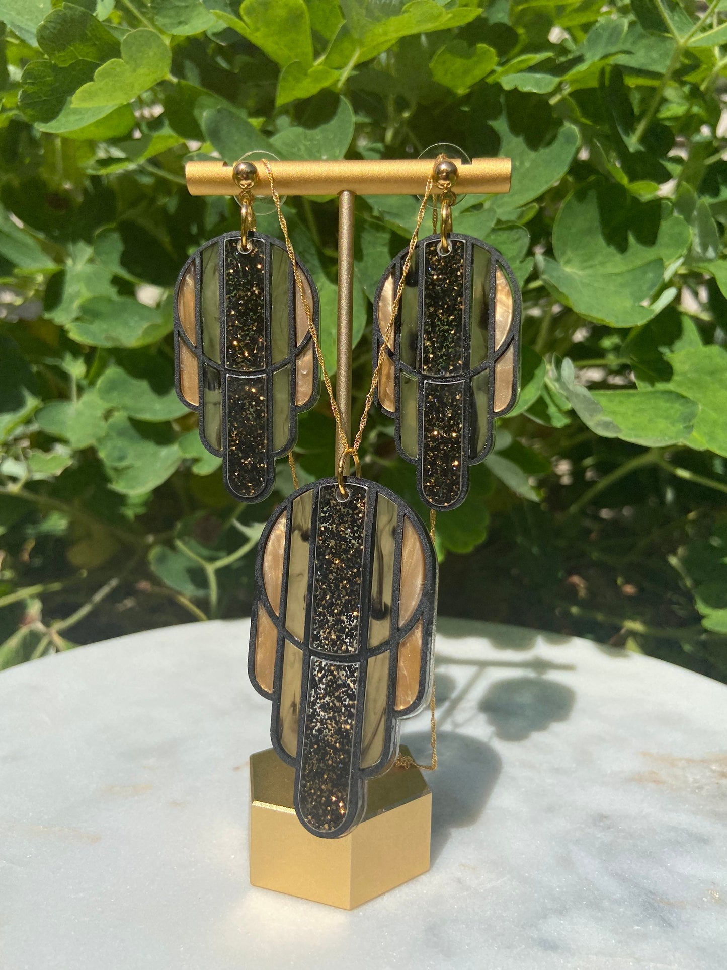 Stained Glass Deco Arches Pendant in Black and Gold