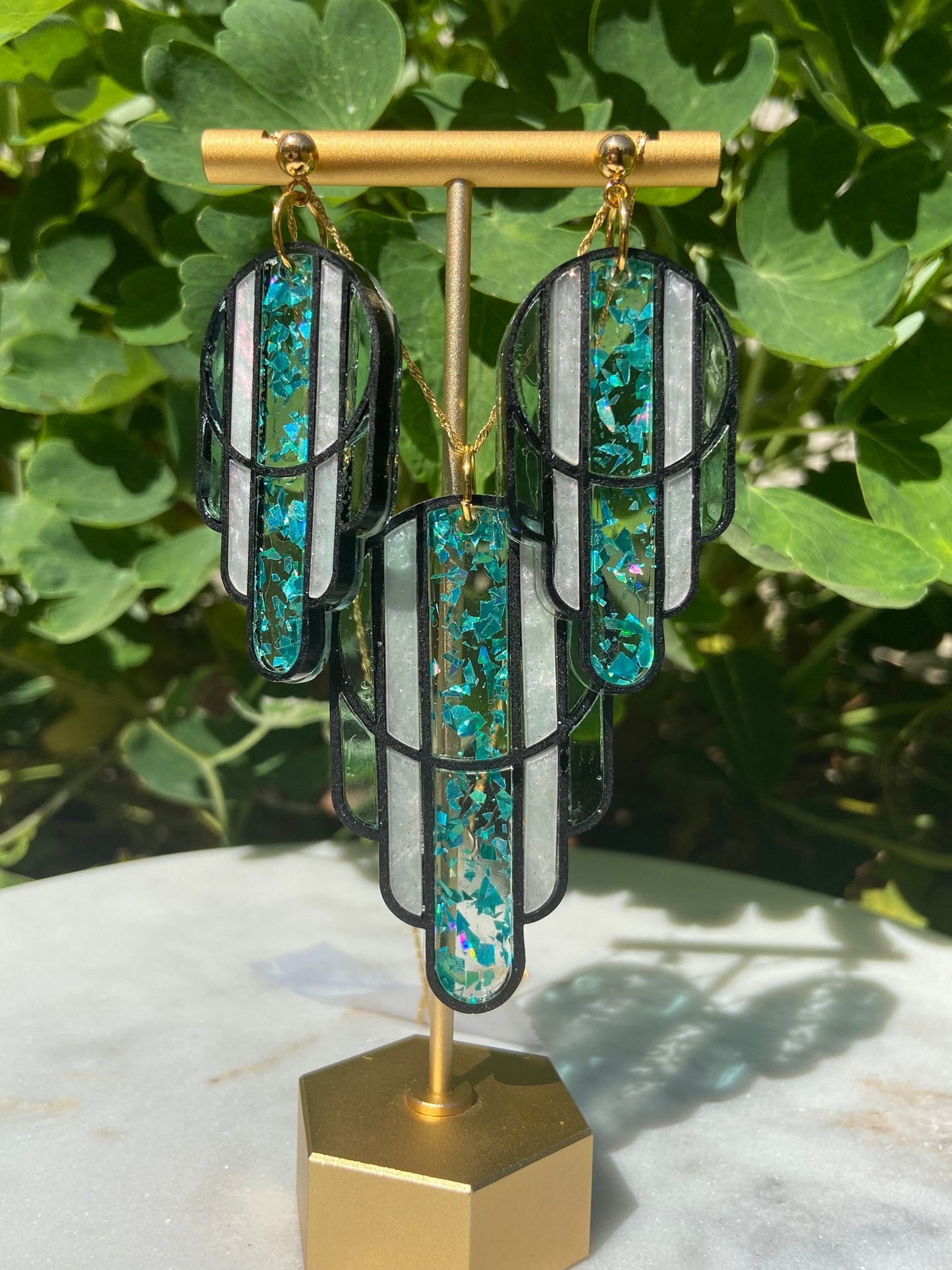 Stained Glass Deco Arches Pendant in Teal Flake | Dark Frame
