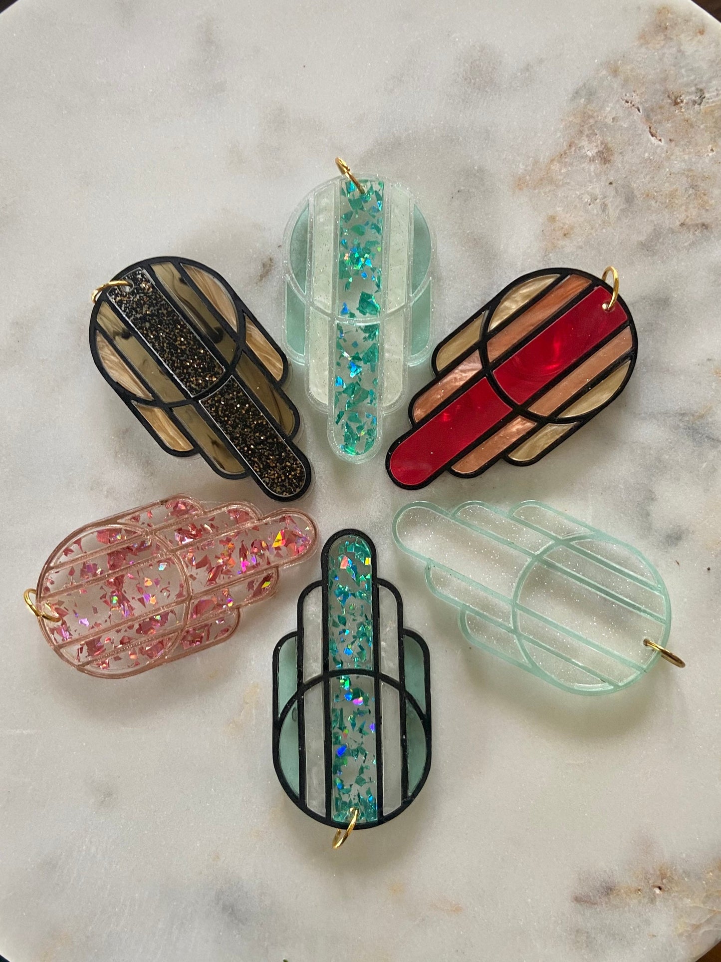 Stained Glass Deco Arches Pendant in Teal Flake | Dark Frame