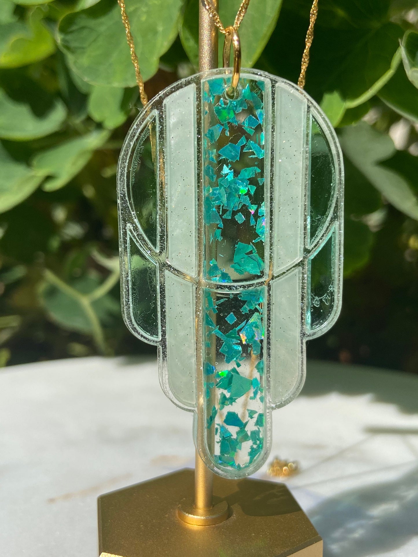 Stained Glass Deco Arches Pendant in Teal Flake | Light Frame