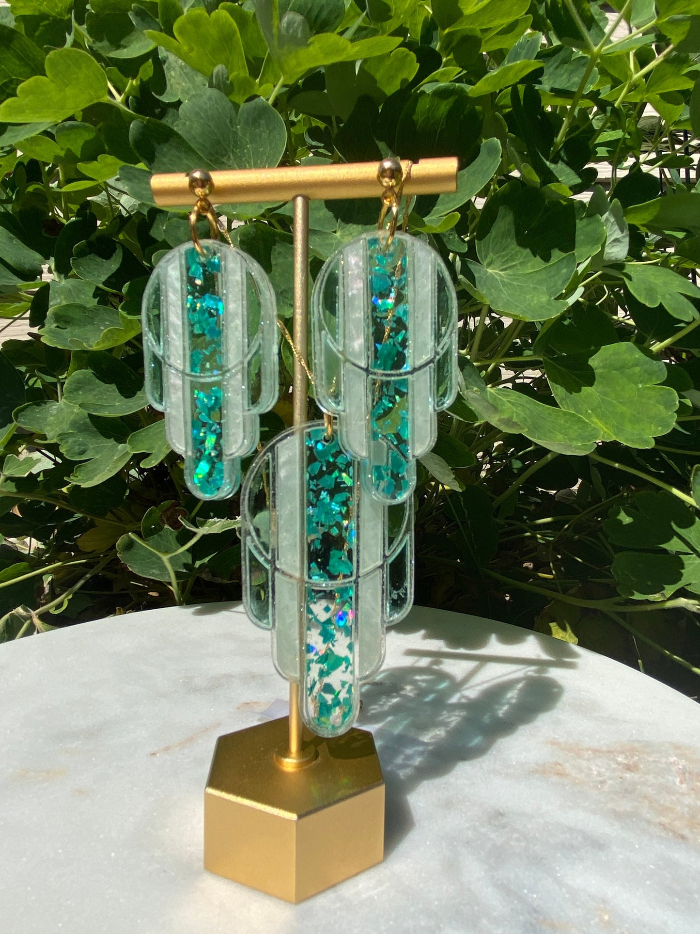 Stained Glass Deco Arches Earrings in Teal Flake | Light Frames