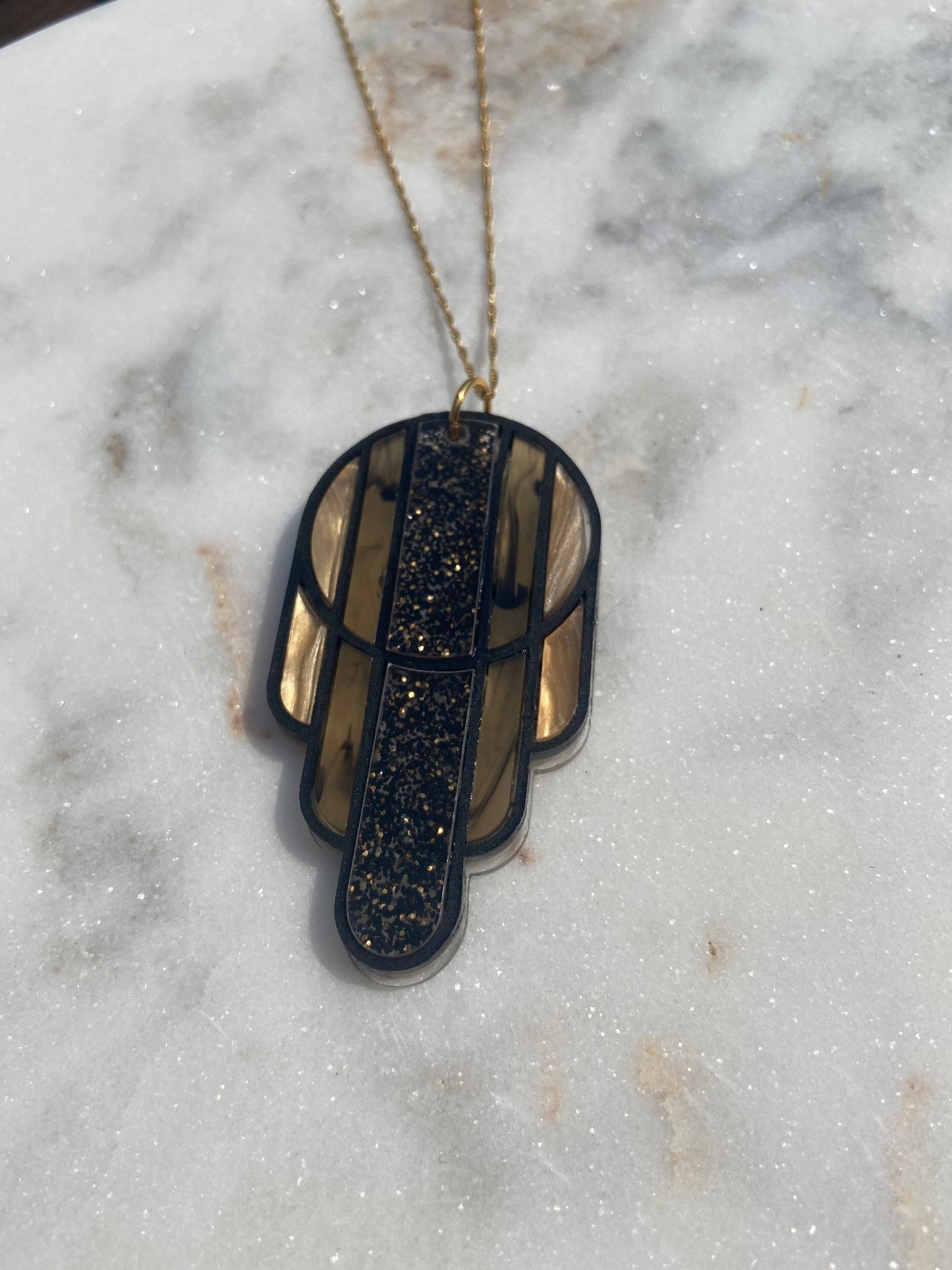 Stained Glass Deco Arches Pendant in Black and Gold