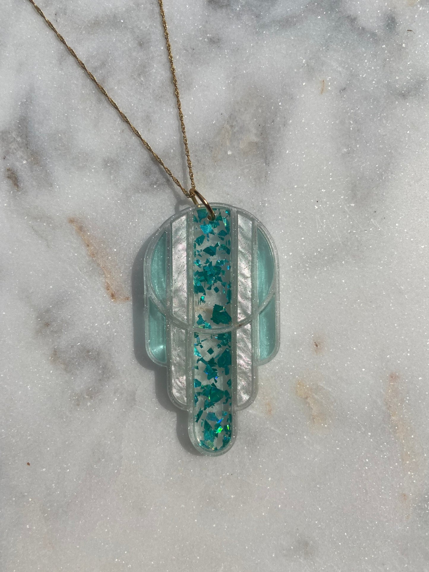 Stained Glass Deco Arches Pendant in Teal Flake | Light Frame