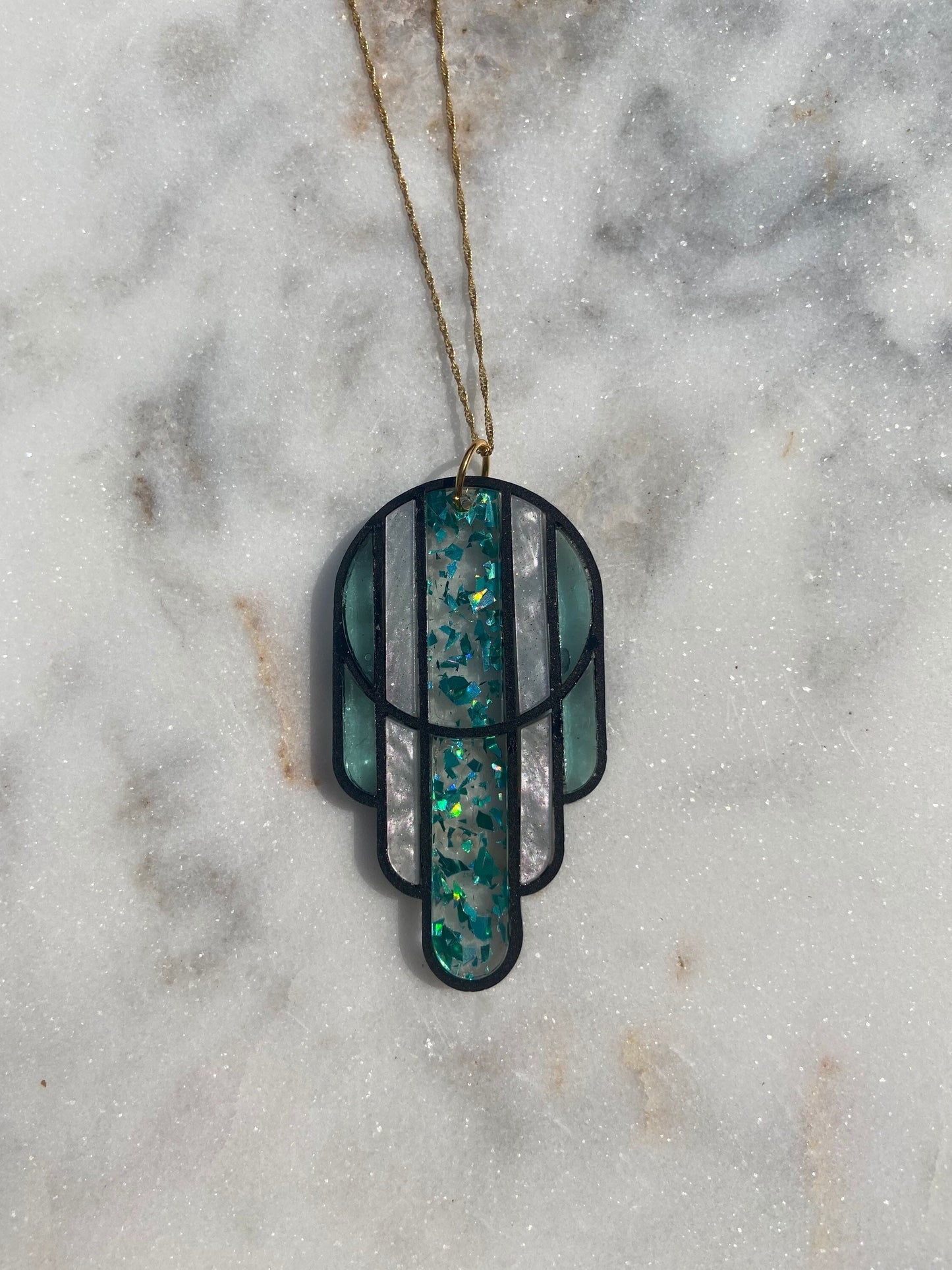 Stained Glass Deco Arches Pendant in Teal Flake | Dark Frame