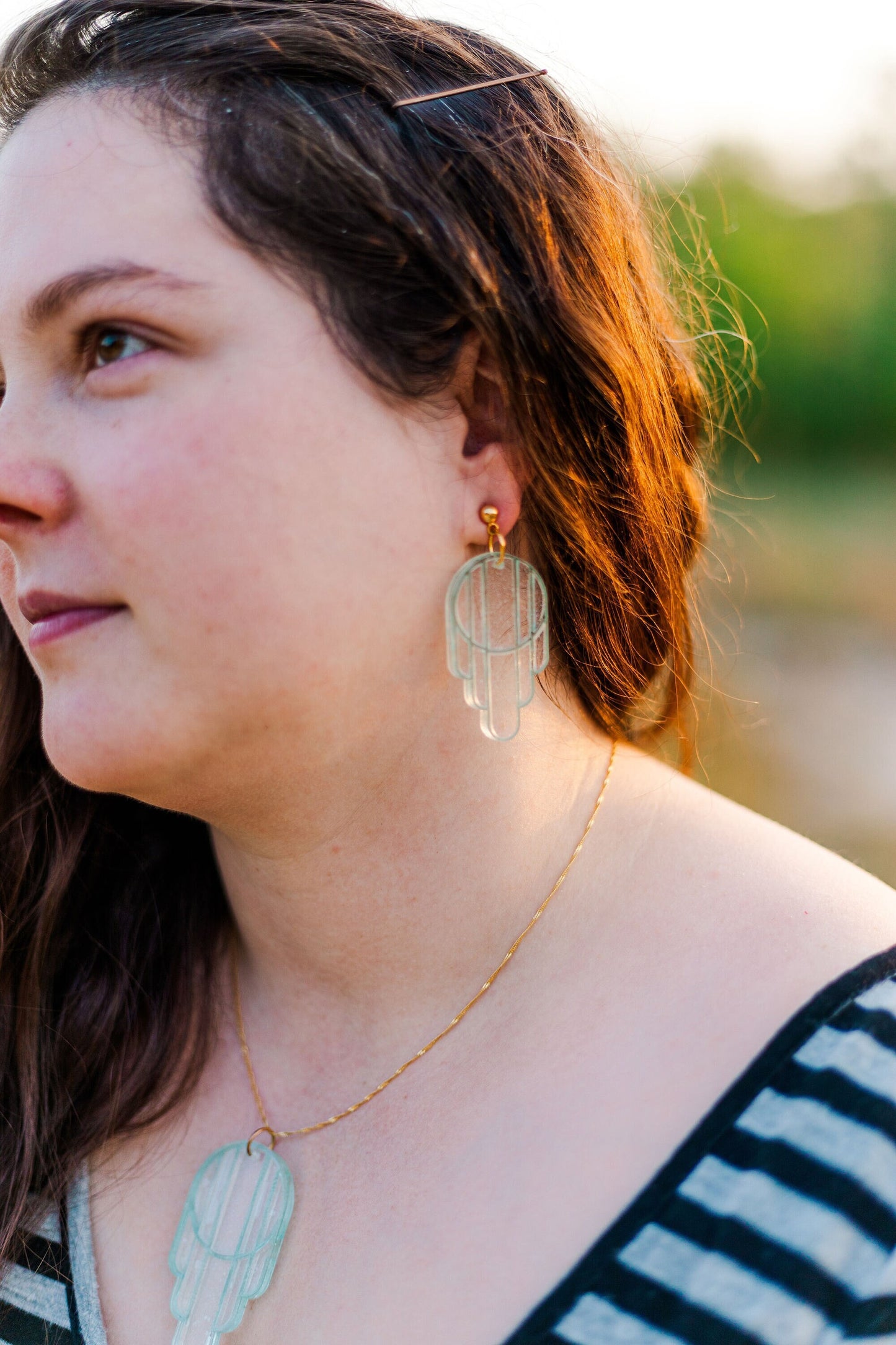 Stained Glass Deco Arches Pendant in Teal Flake | Dark Frame