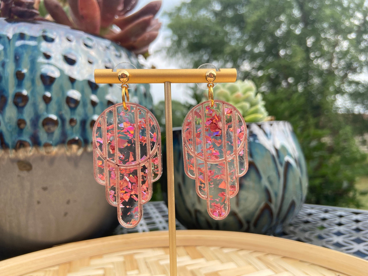 Stained Glass Deco Arches Earrings in Rose Gold Flake