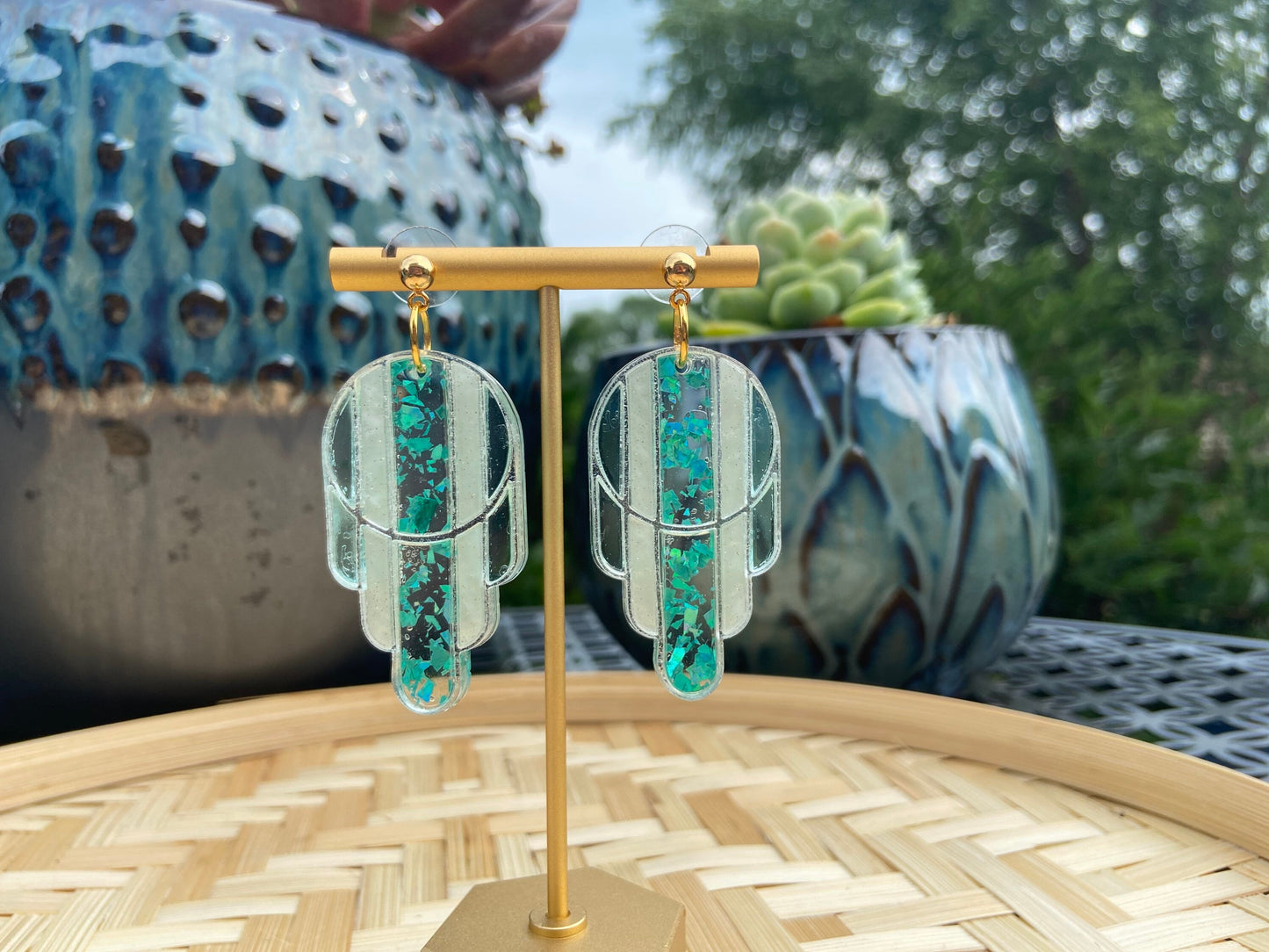 Stained Glass Deco Arches Earrings in Teal Flake | Light Frames