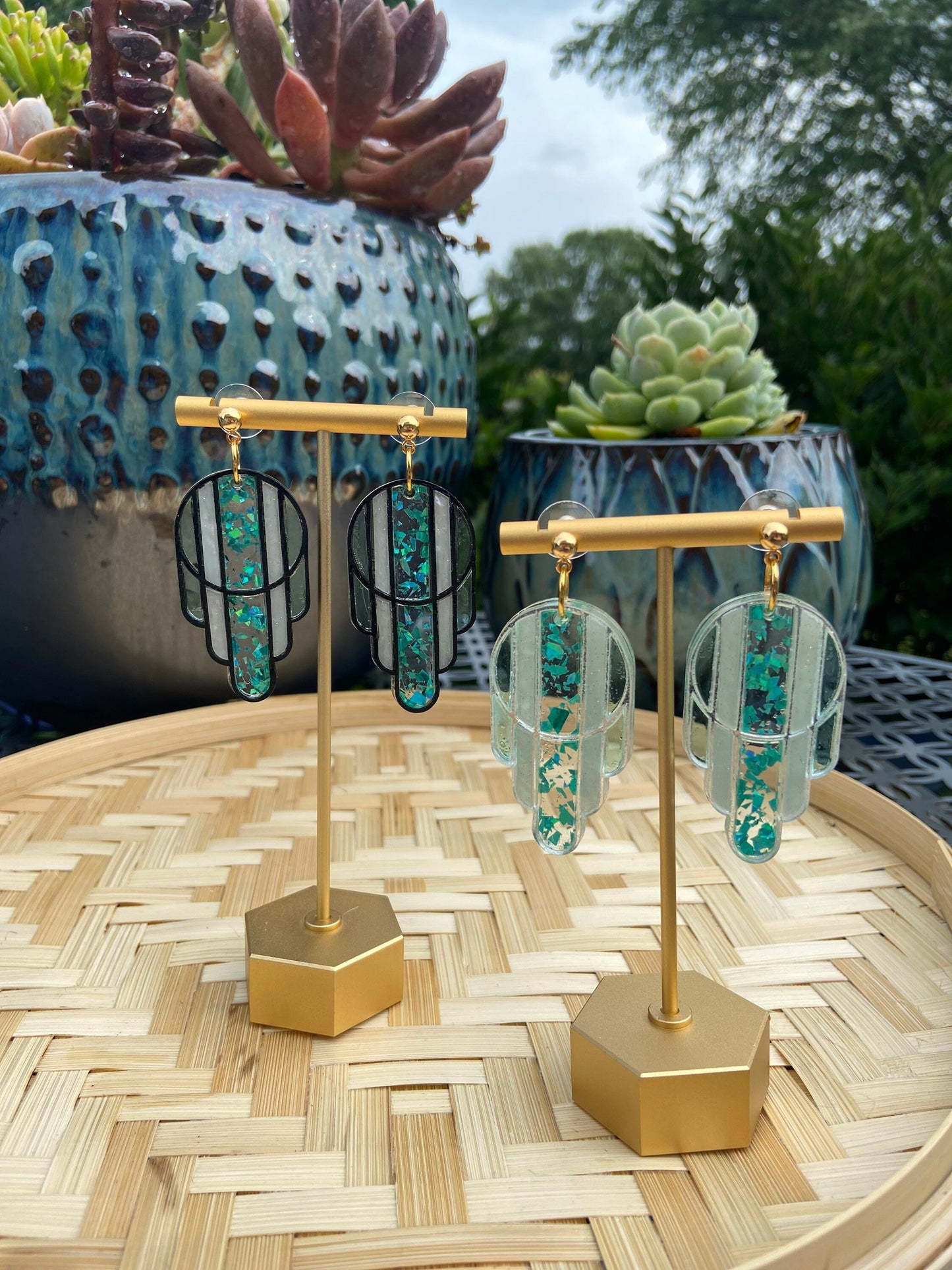 Stained Glass Deco Arches Earrings in Teal Flake | Light Frames