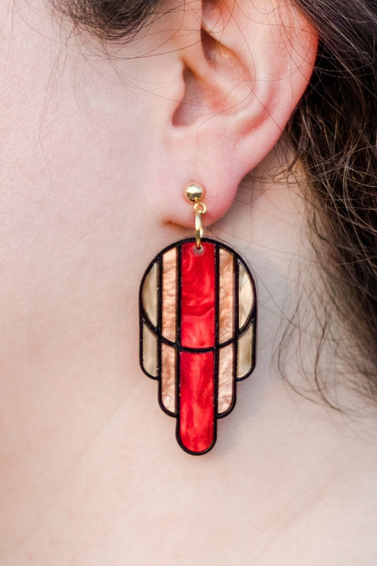 Stained Glass Deco Arches Earrings in Fall Leaves