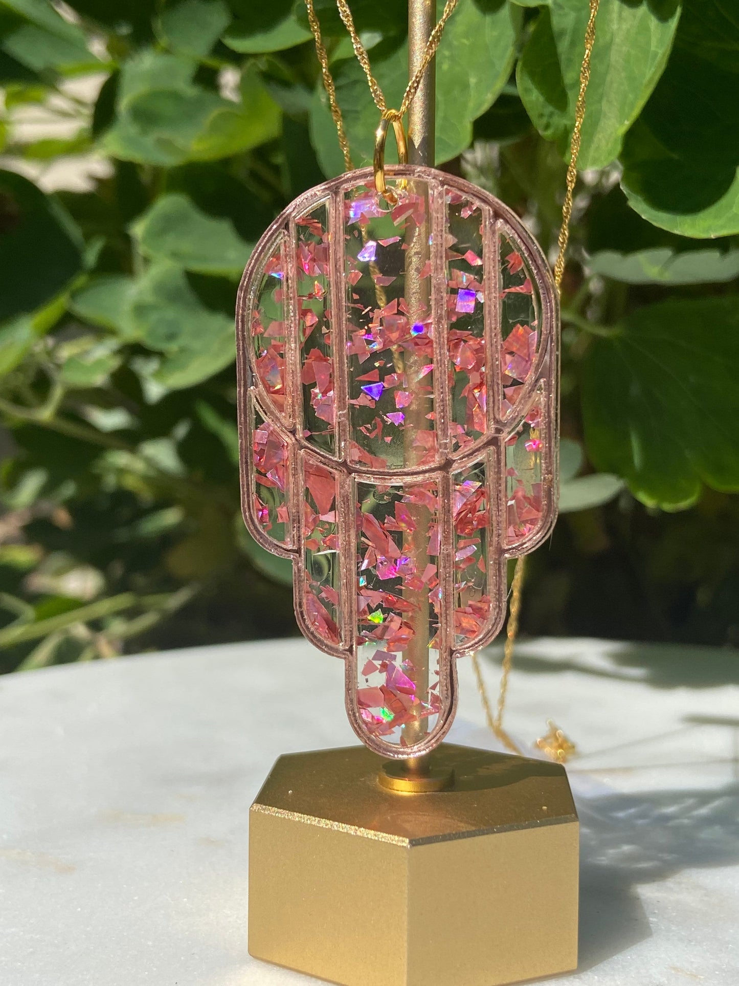 Stained Glass Deco Arches Pendant in Rose Gold Flake