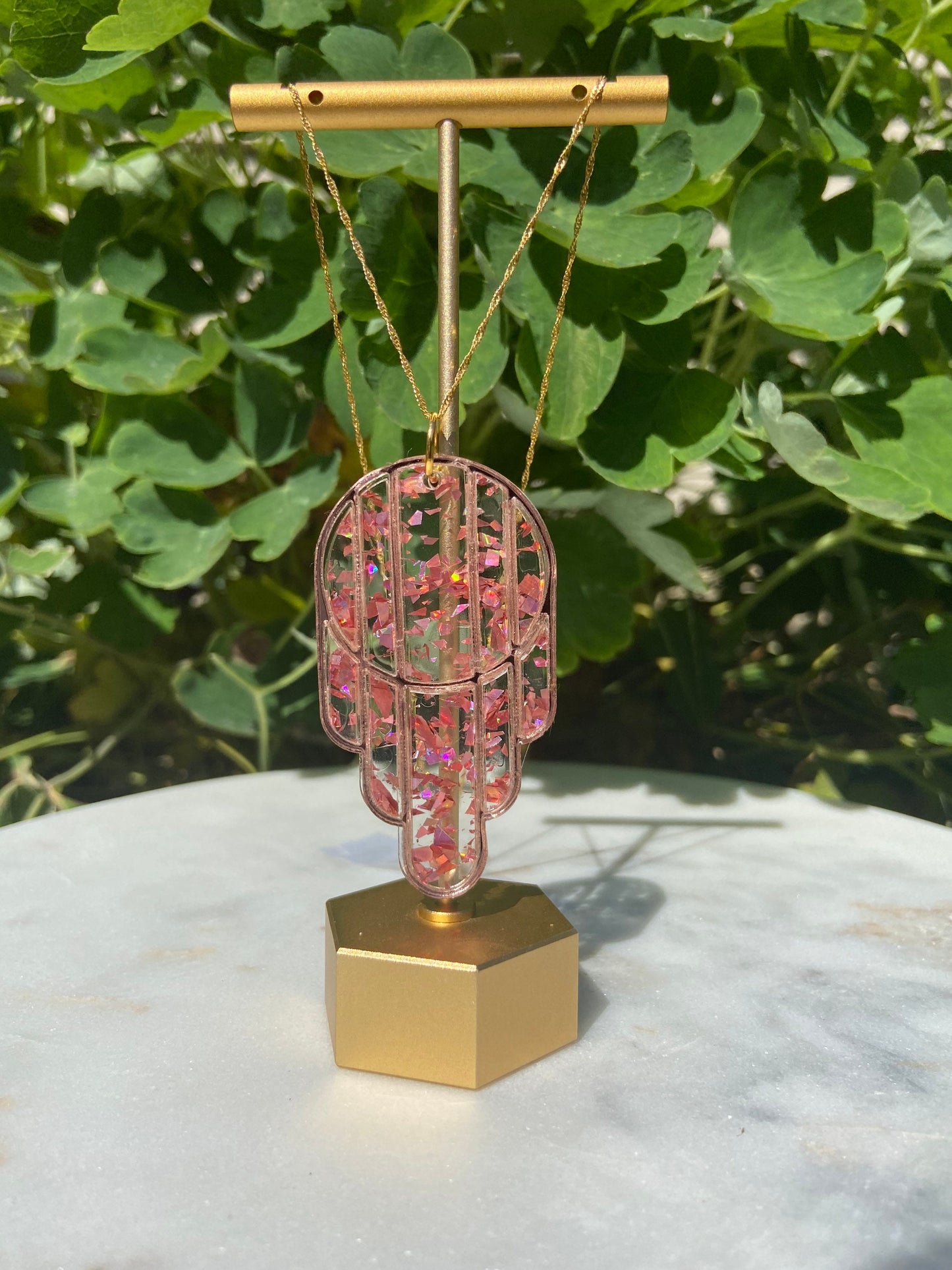 Stained Glass Deco Arches Pendant in Rose Gold Flake