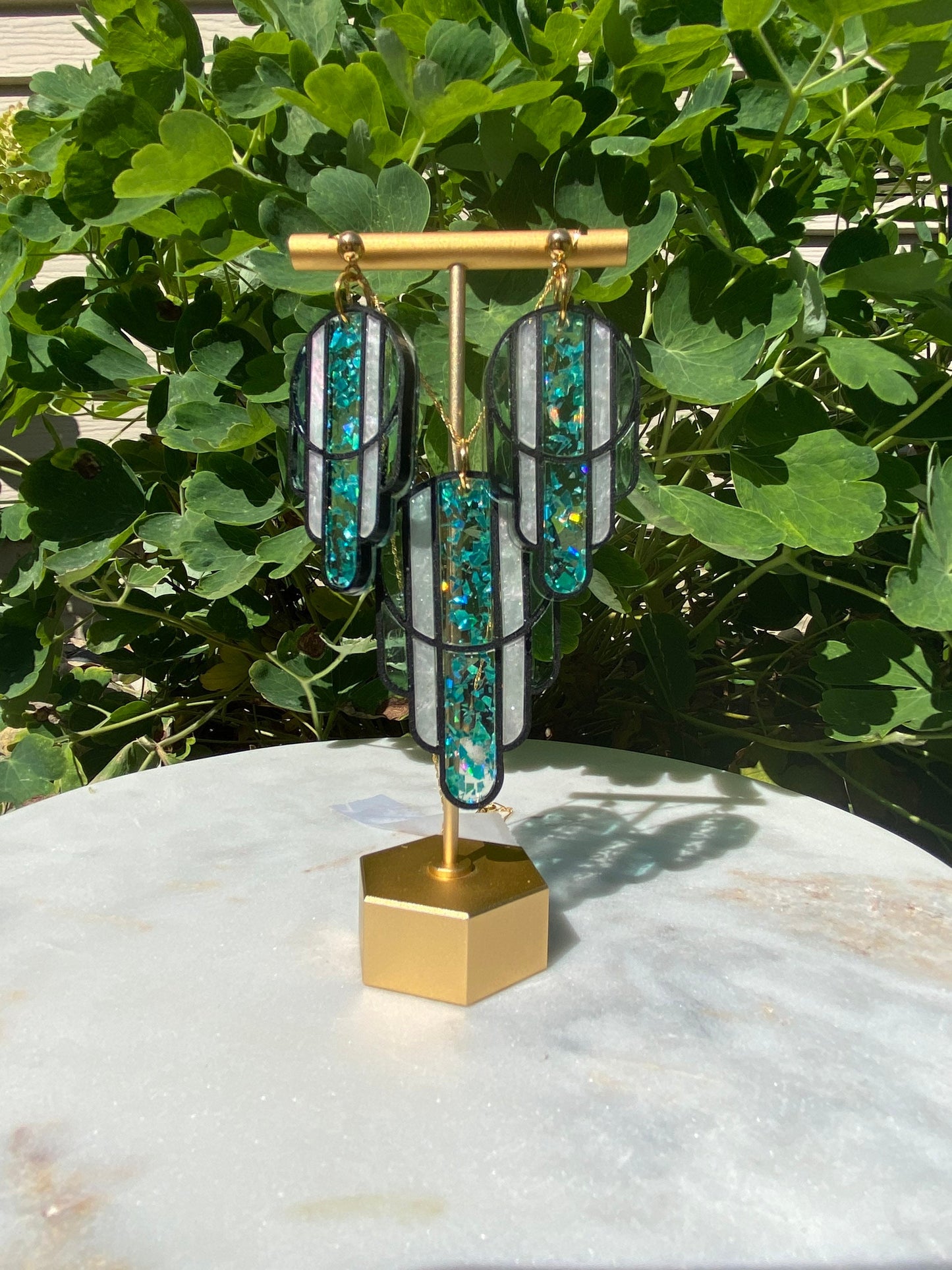 Stained Glass Deco Arches Pendant in Teal Flake | Dark Frame