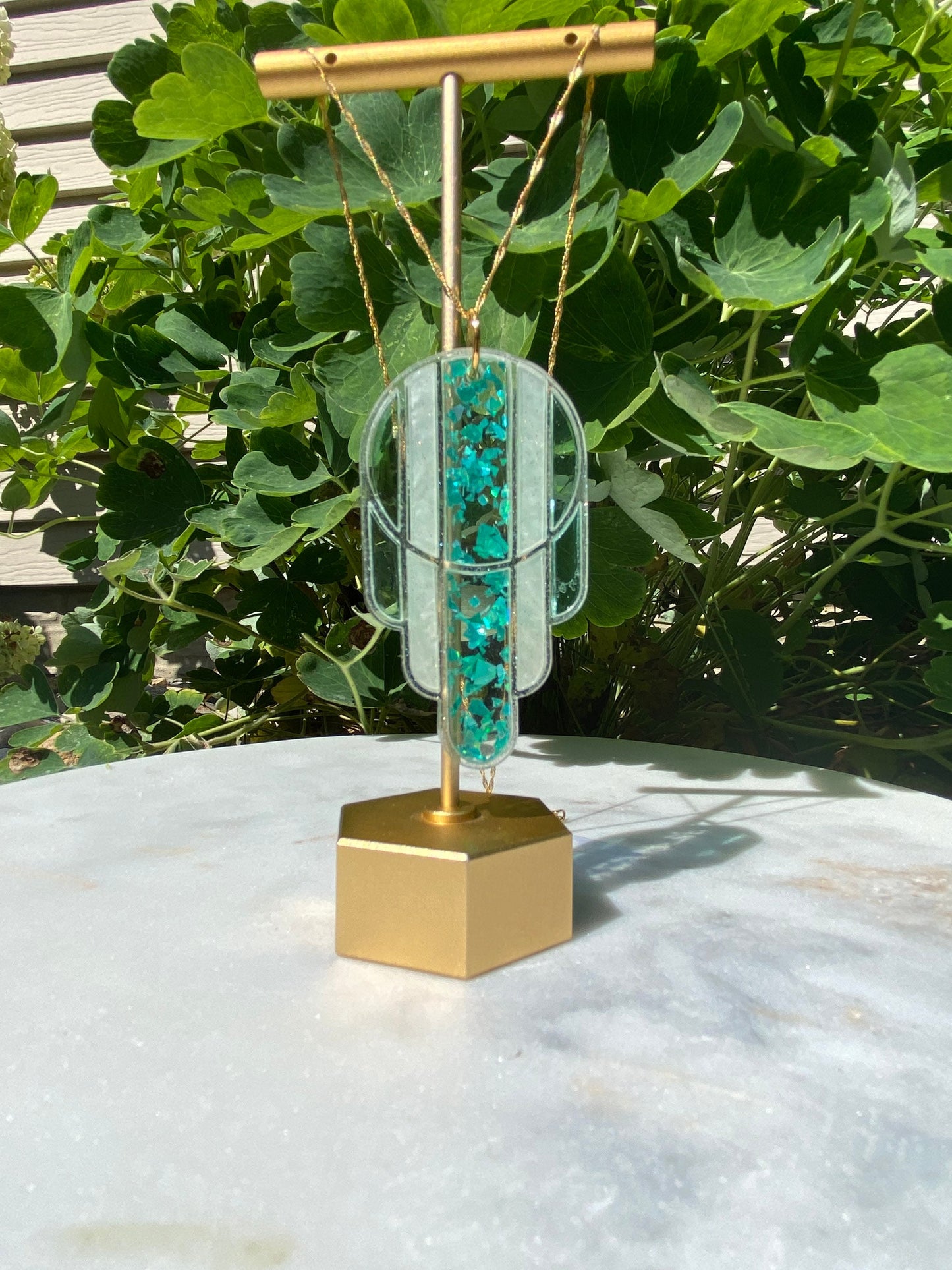 Stained Glass Deco Arches Pendant in Teal Flake | Light Frame
