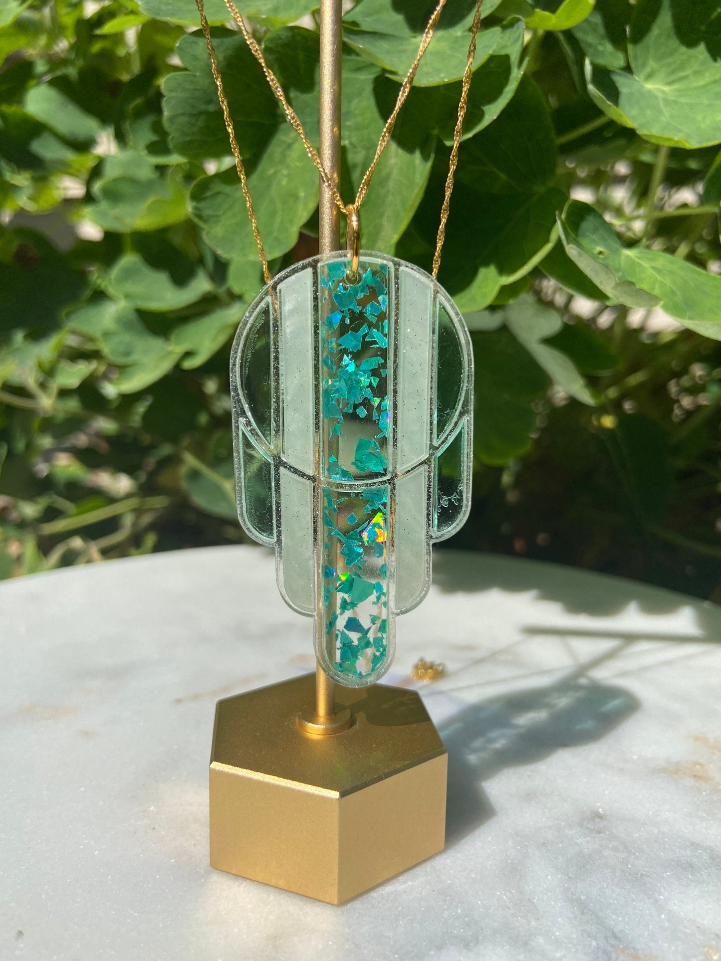 Stained Glass Deco Arches Pendant in Teal Flake | Light Frame
