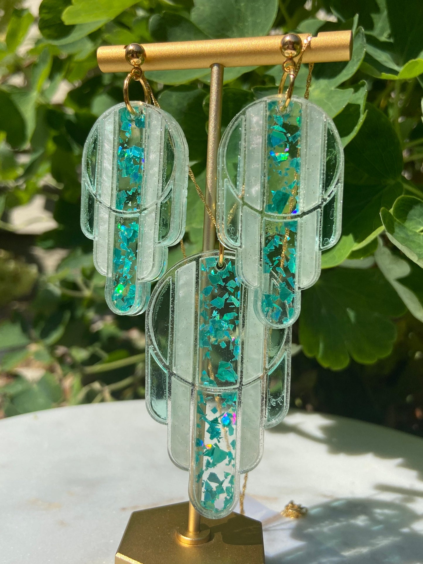 Stained Glass Deco Arches Pendant in Teal Flake | Light Frame