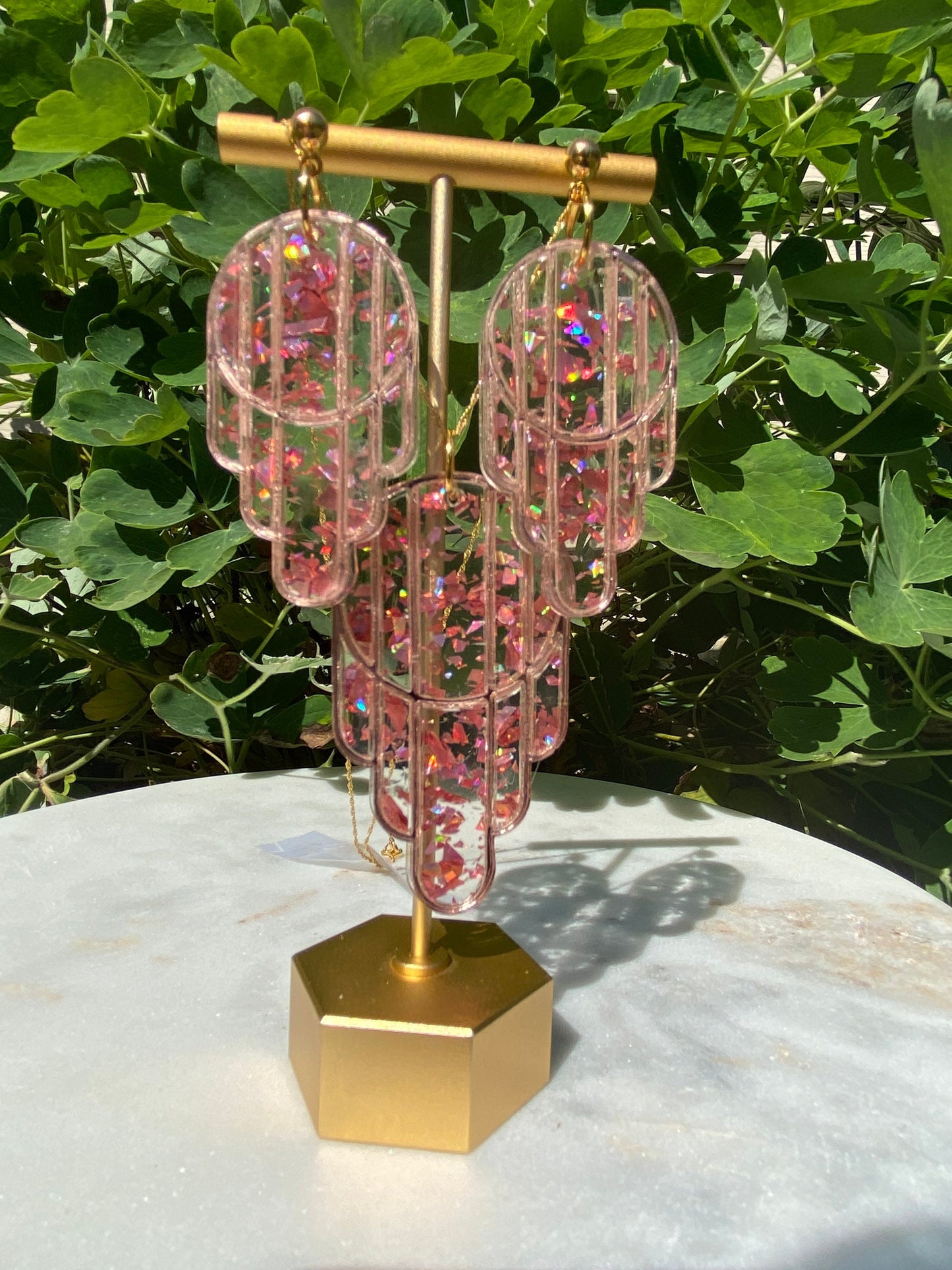 Stained Glass Deco Arches Earrings in Rose Gold Flake