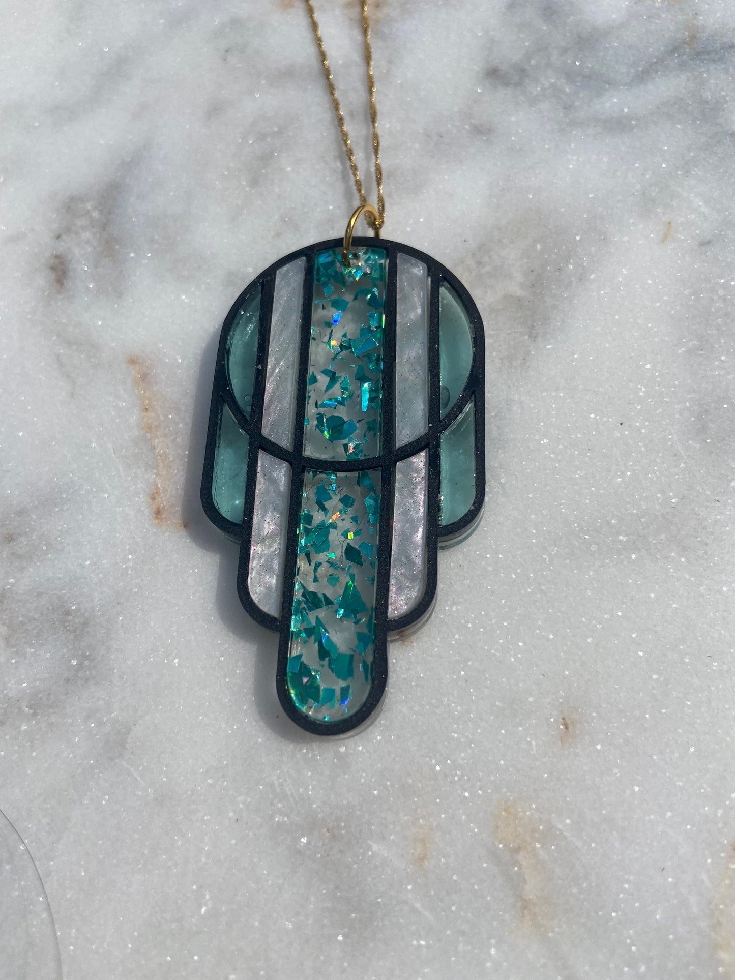 Stained Glass Deco Arches Pendant in Teal Flake | Dark Frame