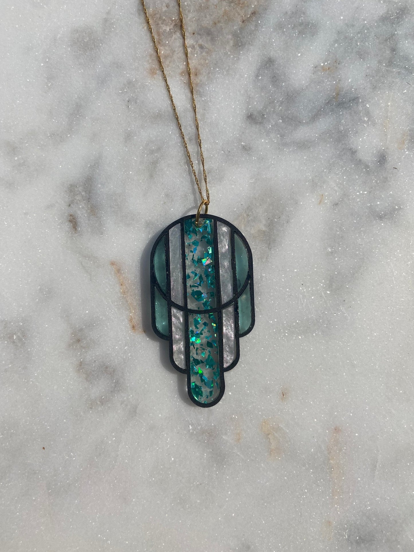 Stained Glass Deco Arches Pendant in Teal Flake | Dark Frame