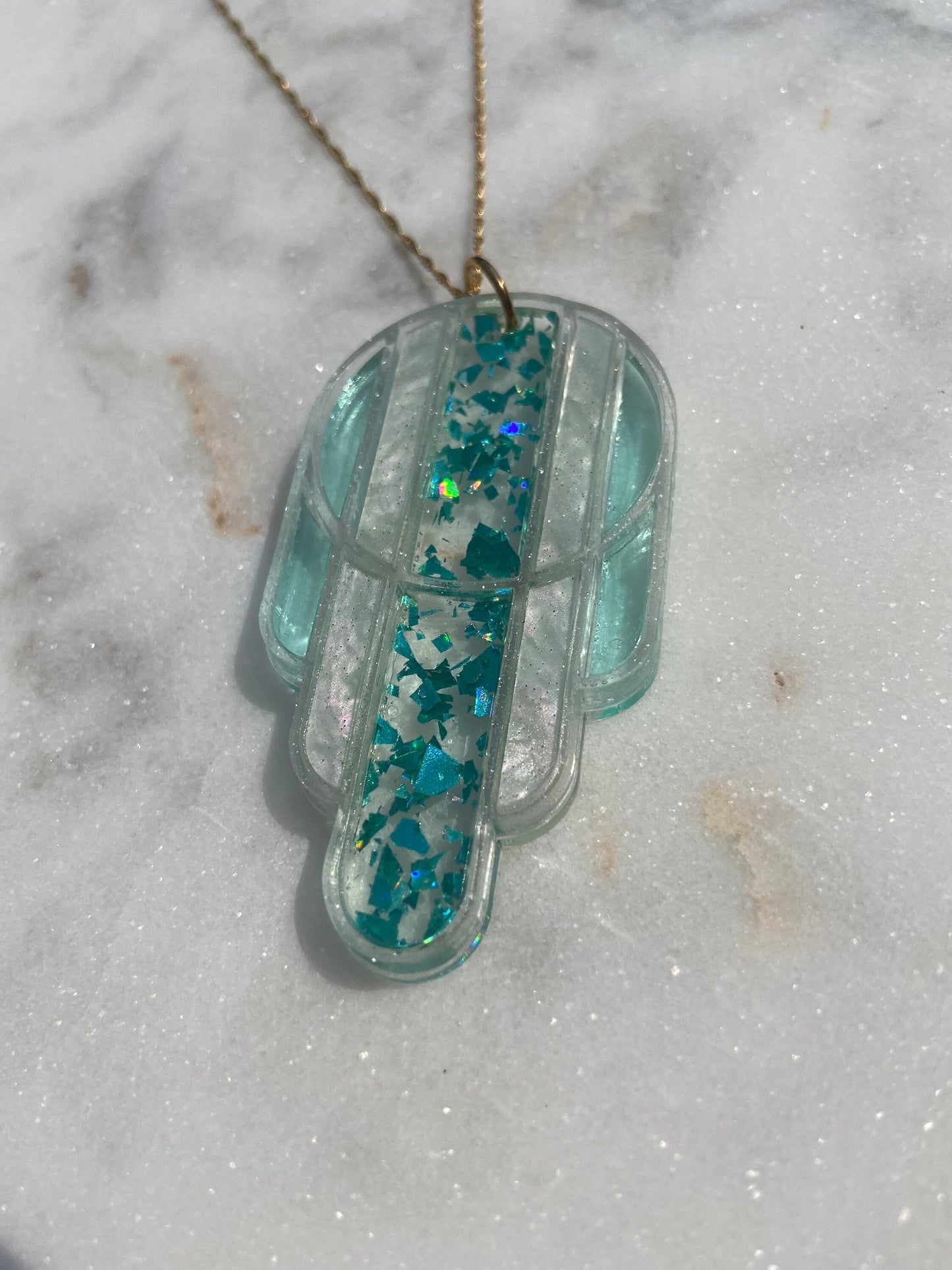 Stained Glass Deco Arches Pendant in Teal Flake | Light Frame