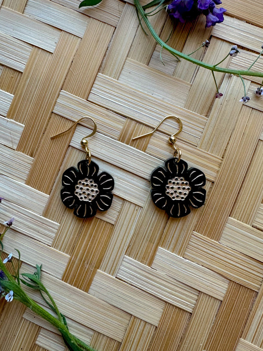 Dotted Daisy Earrings - Black and Gold