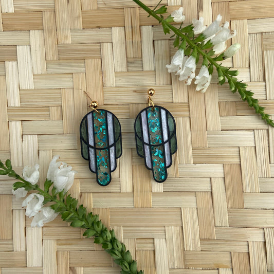 Stained Glass Deco Arches Earrings in Teal Flake - Dark Frames