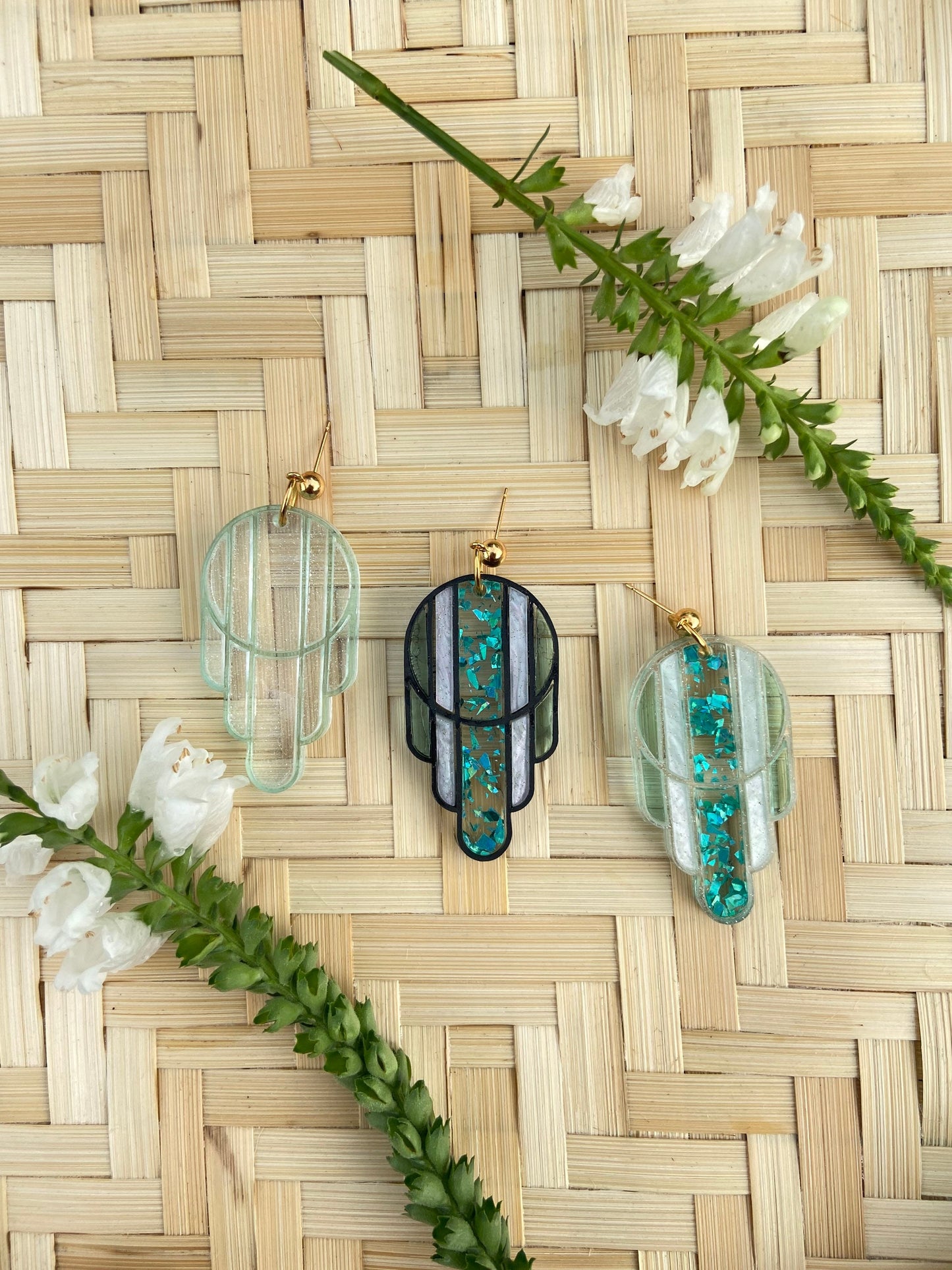 Stained Glass Deco Arches Earrings in Teal Flake - Dark Frames