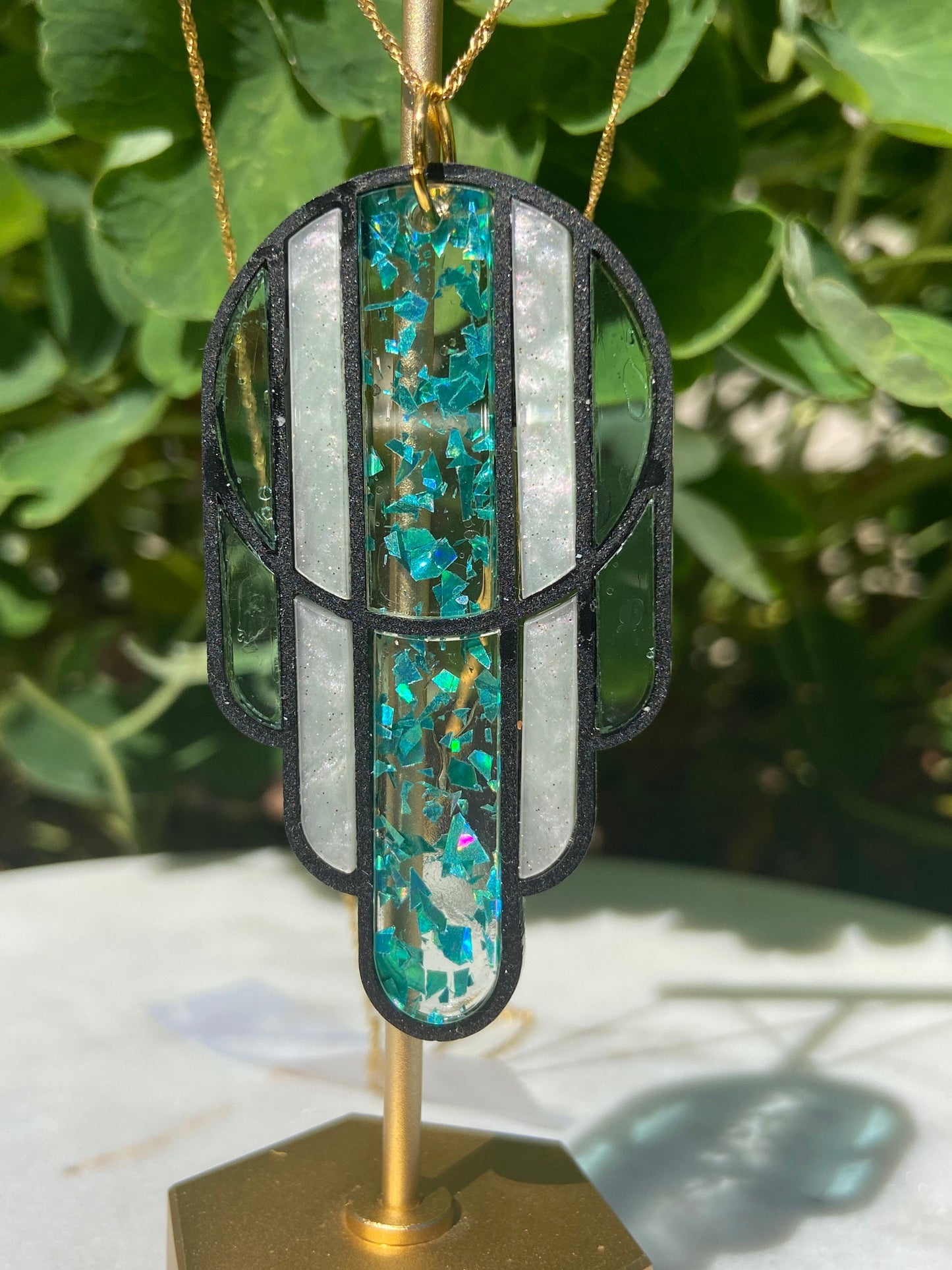 Stained Glass Deco Arches Pendant in Teal Flake | Dark Frame