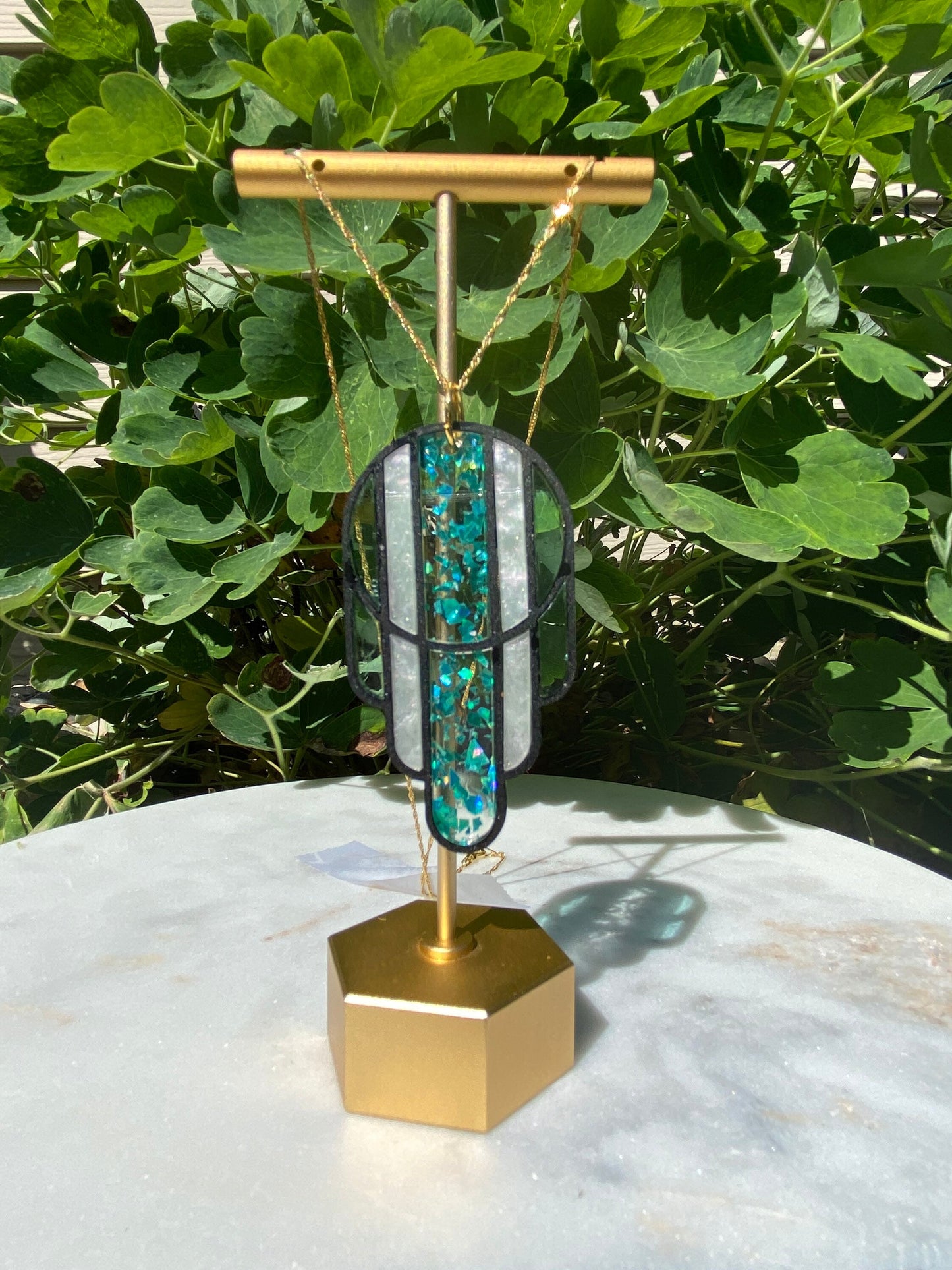 Stained Glass Deco Arches Pendant in Teal Flake | Dark Frame