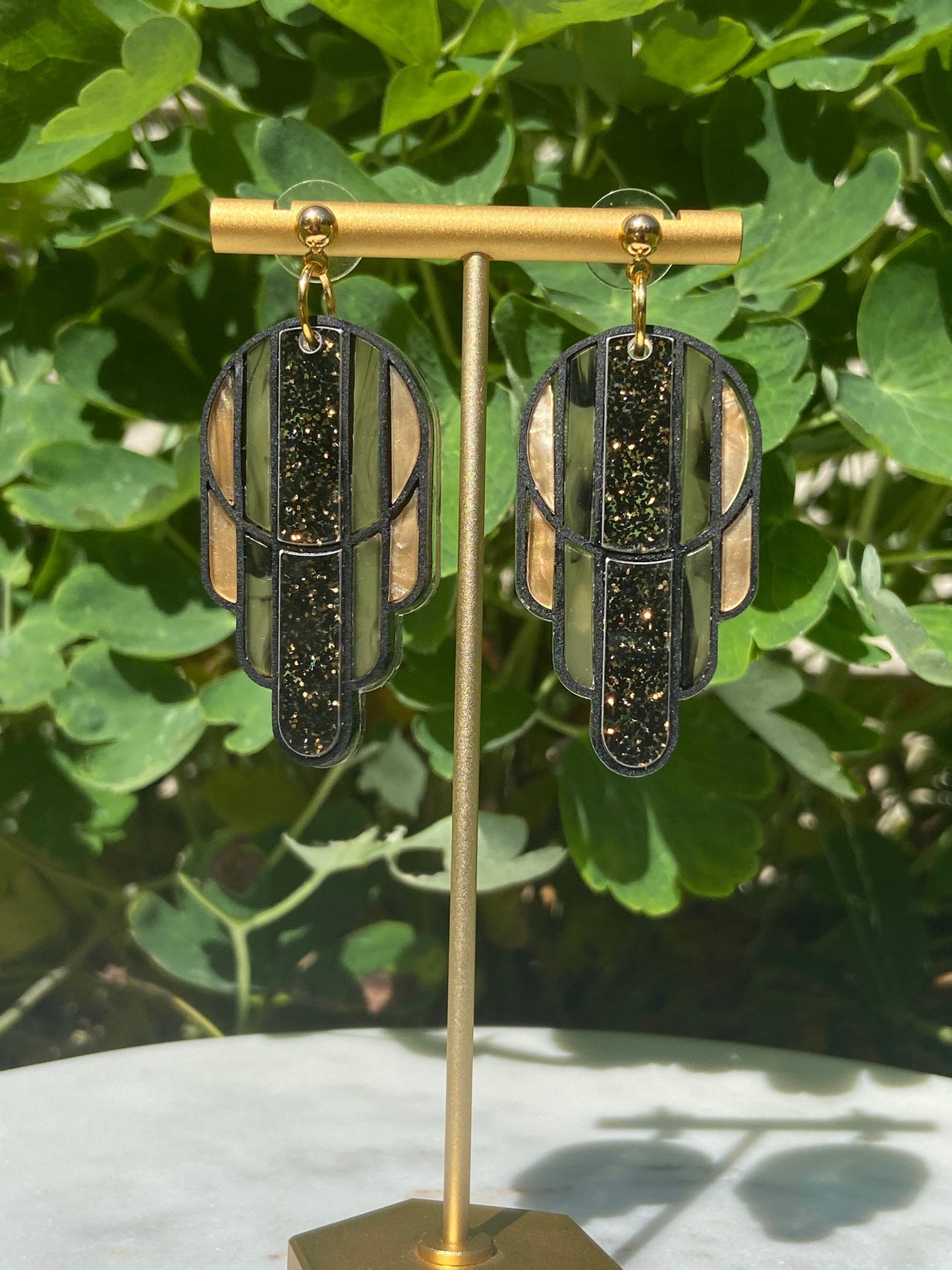 Stained Glass Deco Arches Earrings in Black and Gold