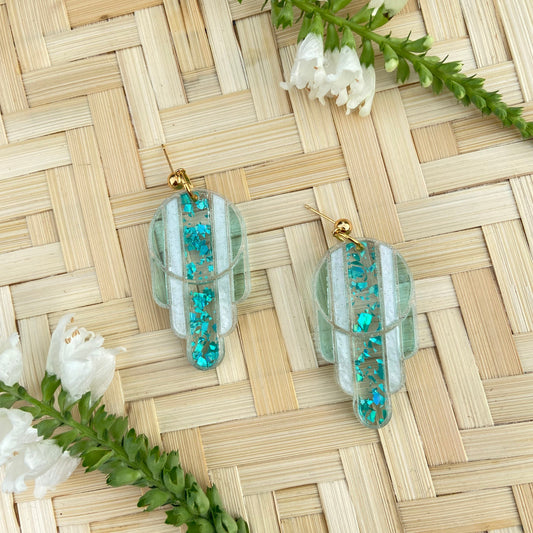 Stained Glass Deco Arches Earrings in Teal Flake | Light Frames