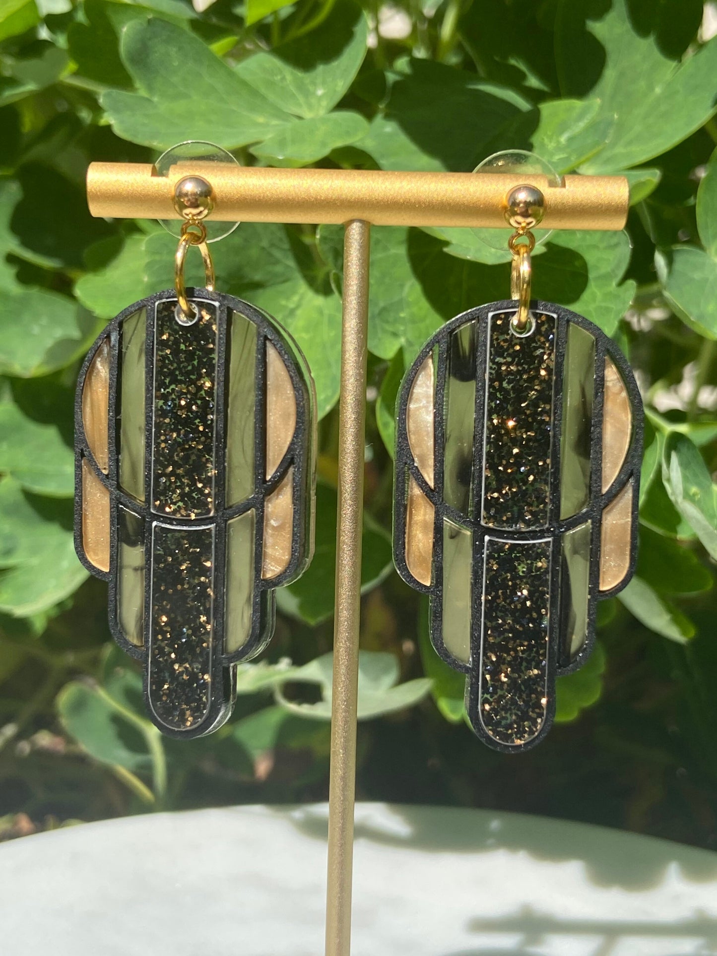 Stained Glass Deco Arches Earrings in Black and Gold